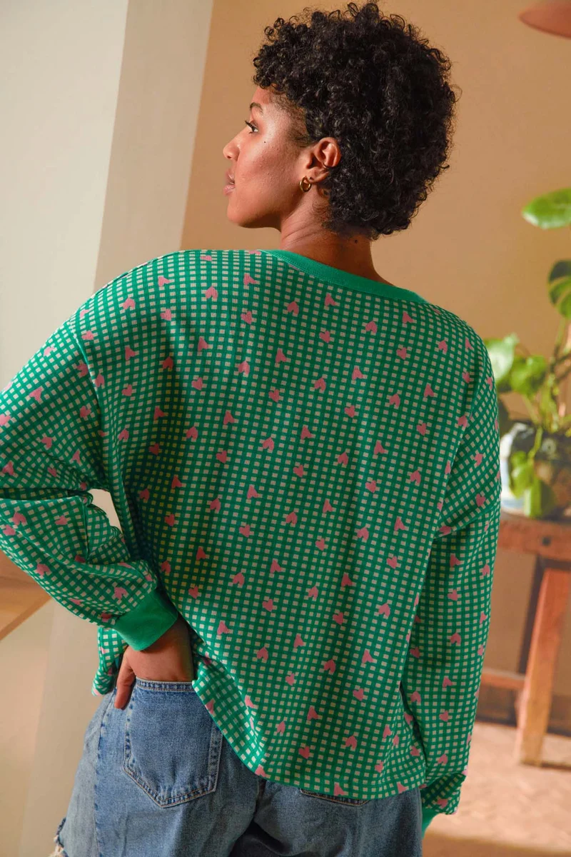 Sweat 100% Coton BIO - Vichy Coeurs Vert