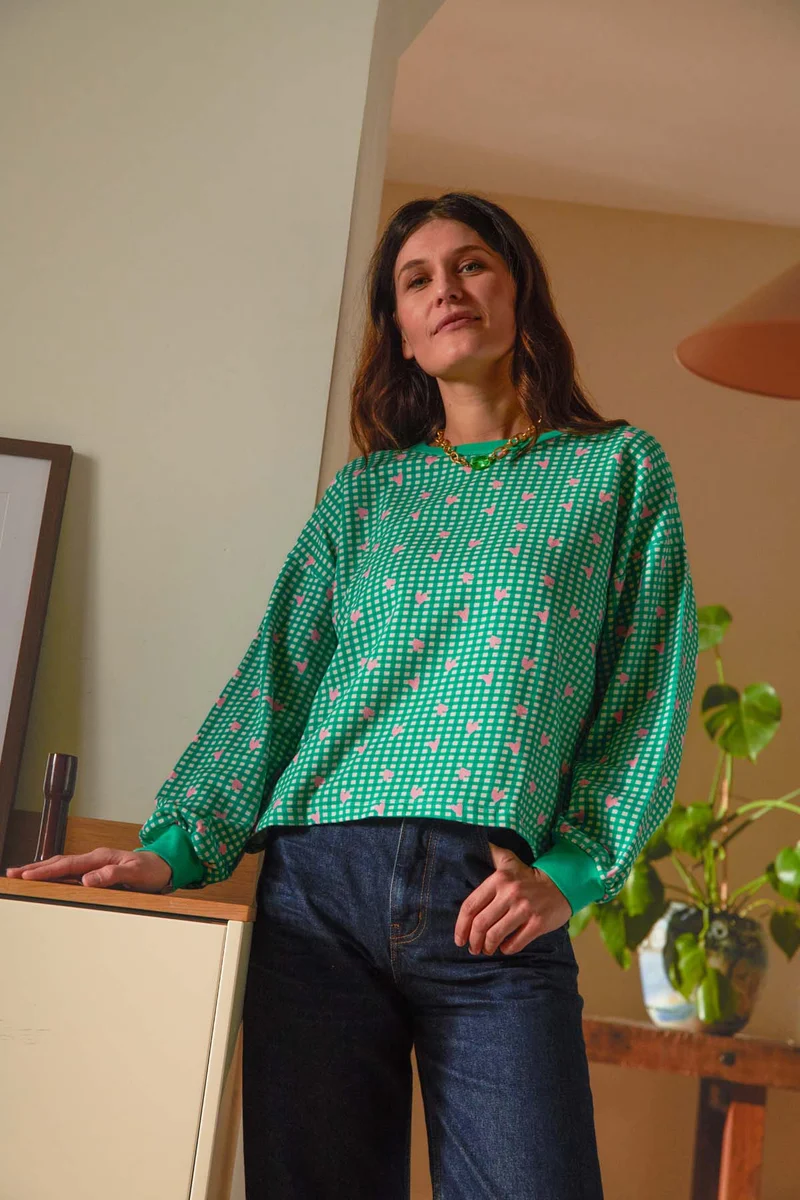 Sweat 100% Coton BIO - Vichy Coeurs Vert