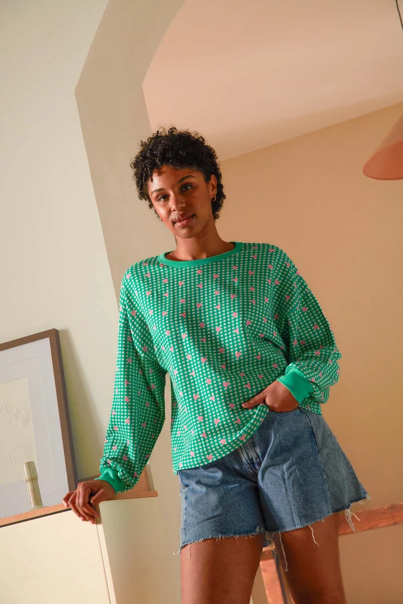 Sweat 100% Coton BIO - Vichy Coeurs Vert