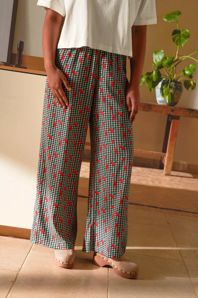 Pantalon Fluide Viscose - Vichy Cerises Noir