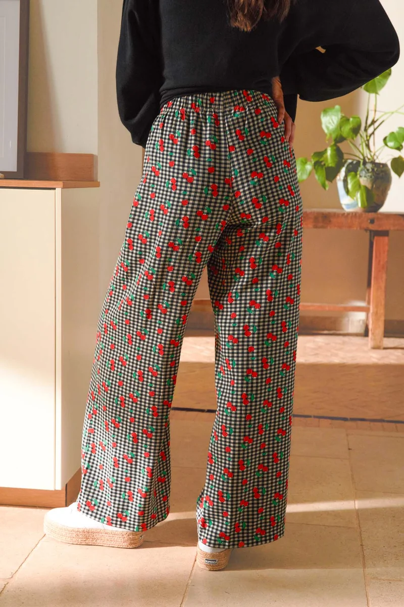 Pantalon Fluide Viscose - Vichy Cerises Noir