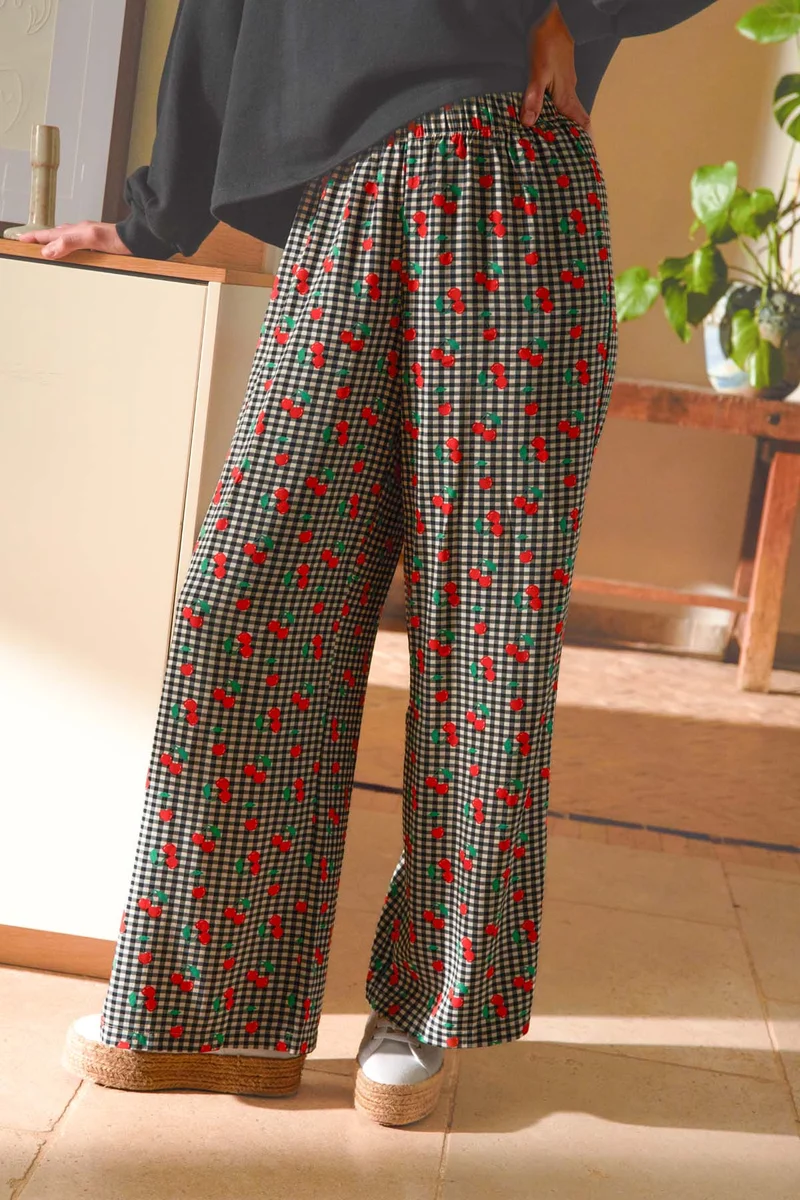 Pantalon Fluide Viscose - Vichy Cerises Noir
