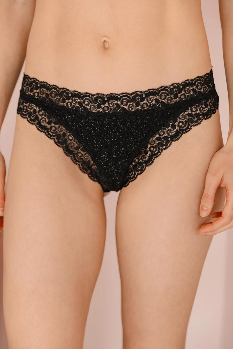 Tanga Brésilien Coton BIO & Dentelle - Paillettes Black