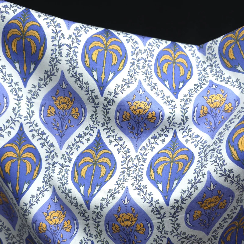 Coton pour Chemises | Imprimé Palmiers & Carreaux Floraux | Bleu & Moutarde