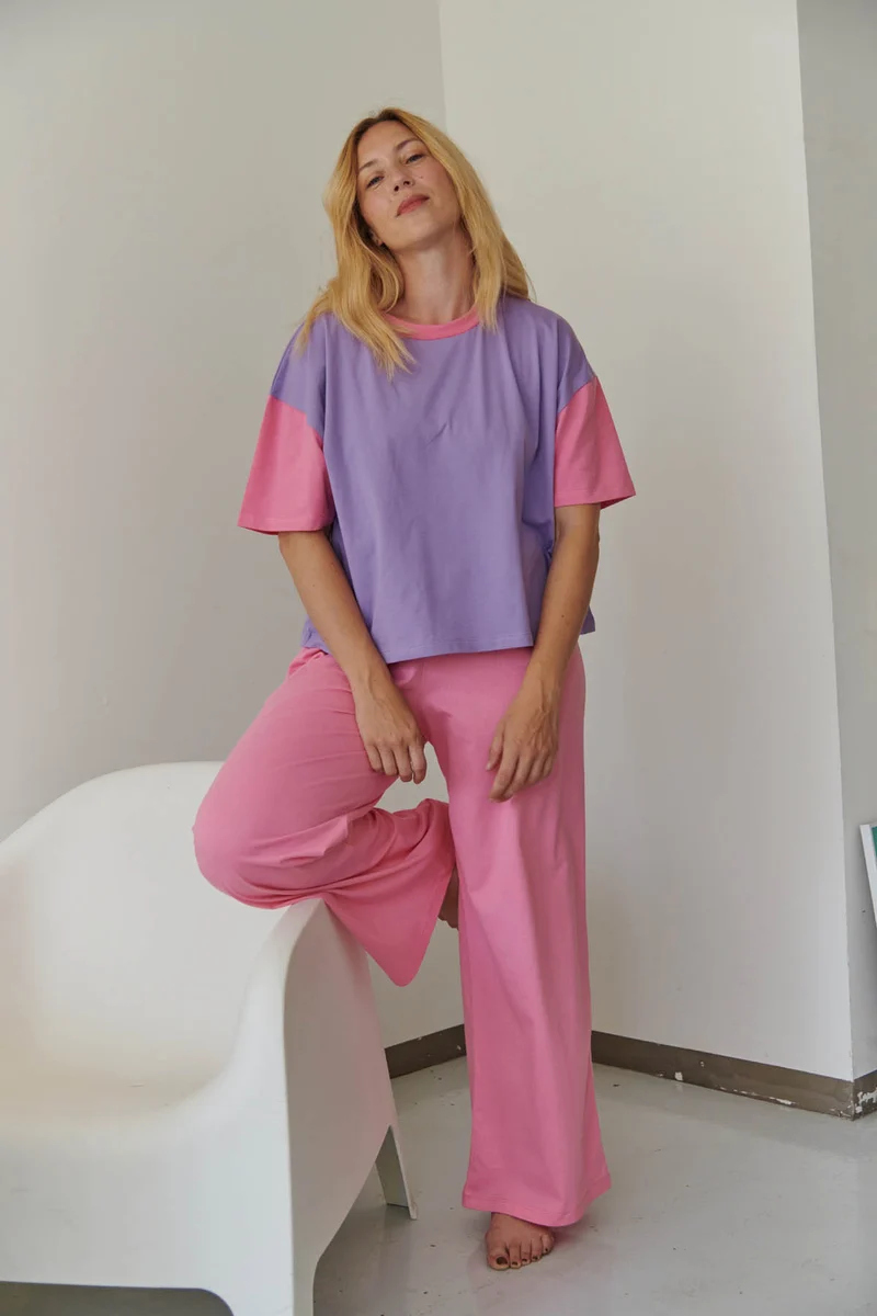 Pyjama Long Coton BIO - Colorblock Rose