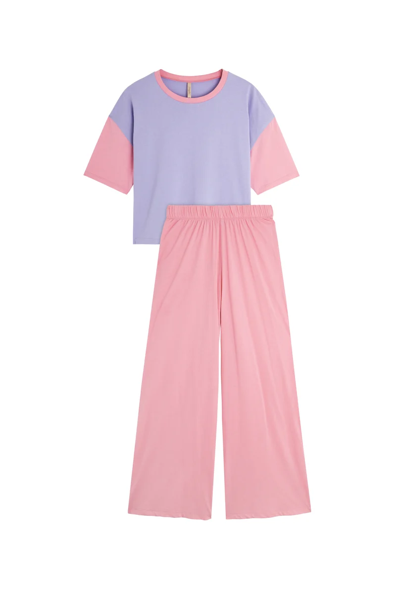 Pyjama Long Coton BIO - Colorblock Rose