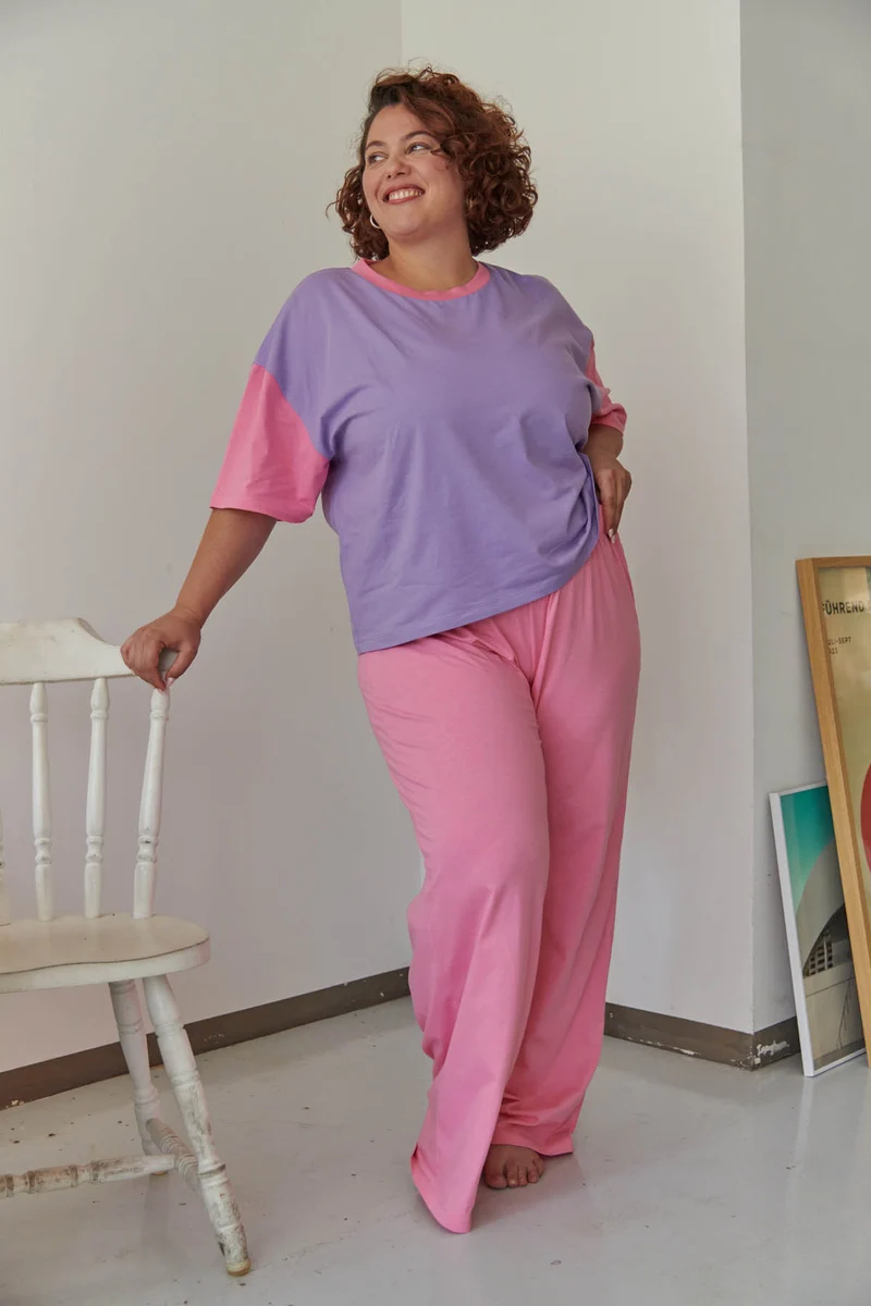 Pyjama Long Coton BIO - Colorblock Rose