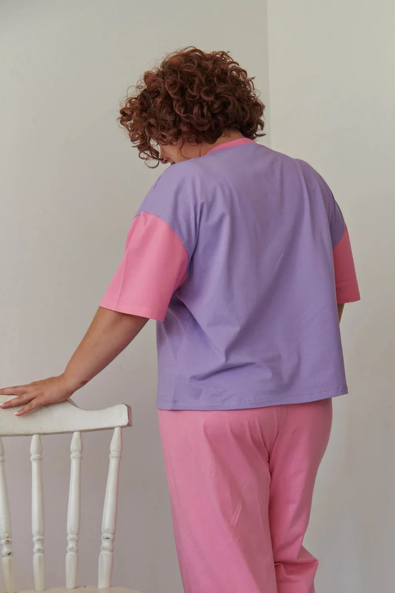 Pyjama Long Coton BIO - Colorblock Rose