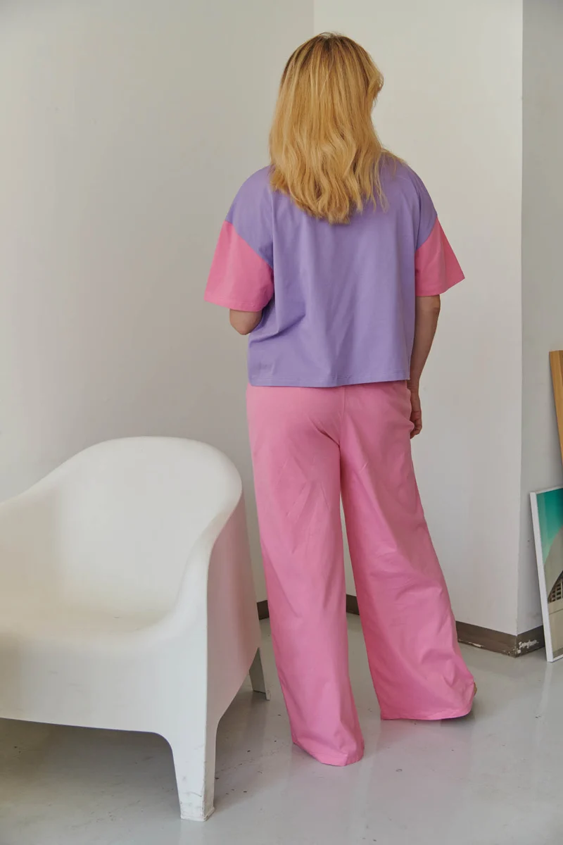 Pyjama Long Coton BIO - Colorblock Rose