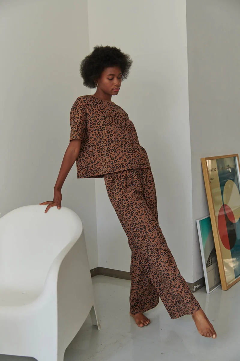 Pyjama Long Coton BIO - Léopard Marron