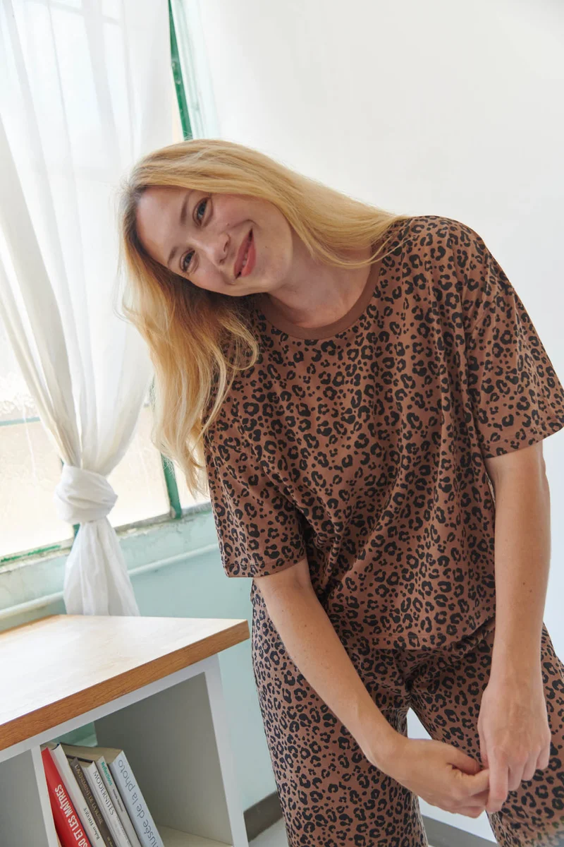 Pyjama Long Coton BIO - Léopard Marron