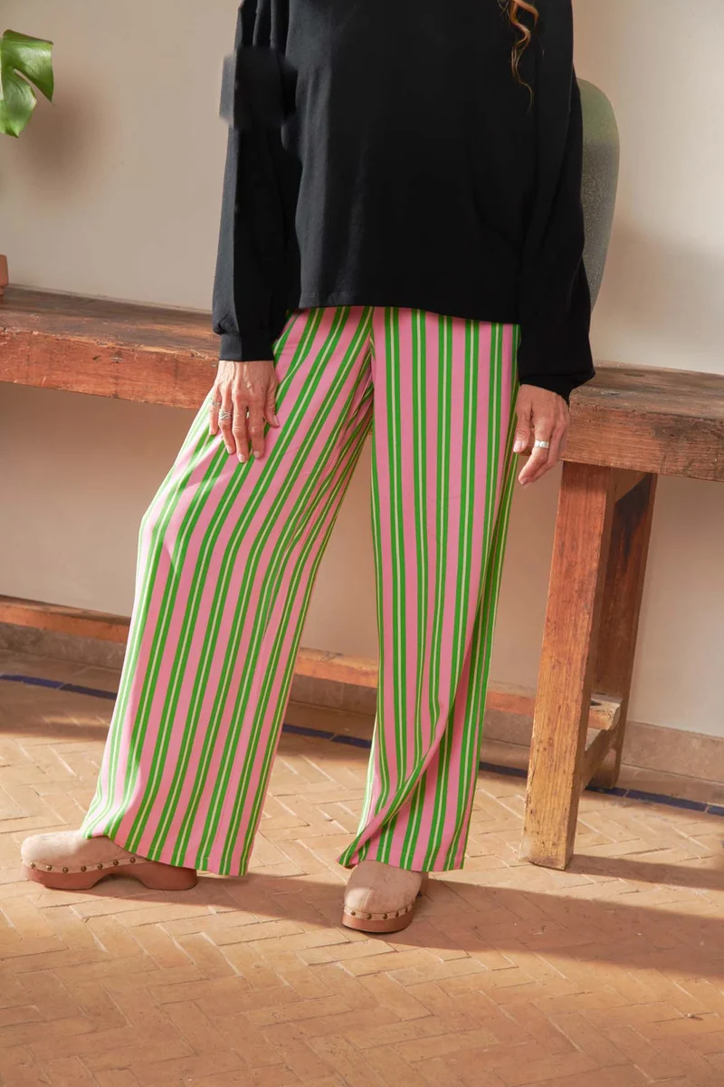 Pantalon Fluide Viscose - Rayures Vertes et Roses