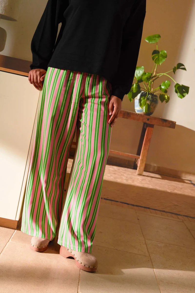 Pantalon Fluide Viscose - Rayures Vertes et Roses