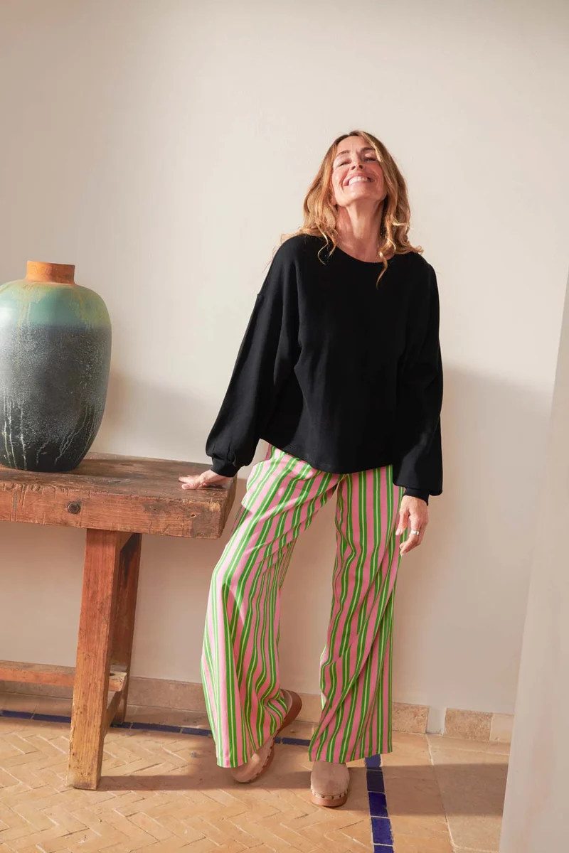Pantalon Fluide Viscose - Rayures Vertes et Roses