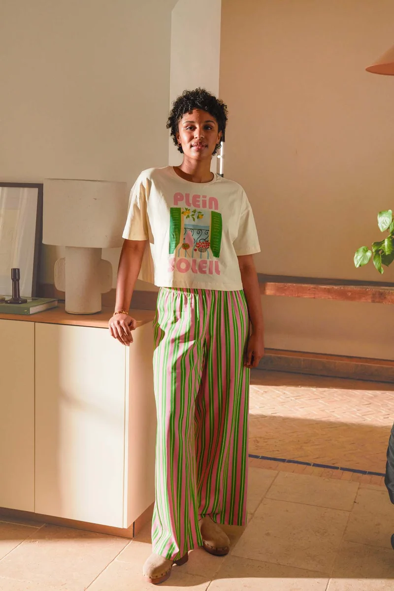 Pantalon Fluide Viscose - Rayures Vertes et Roses