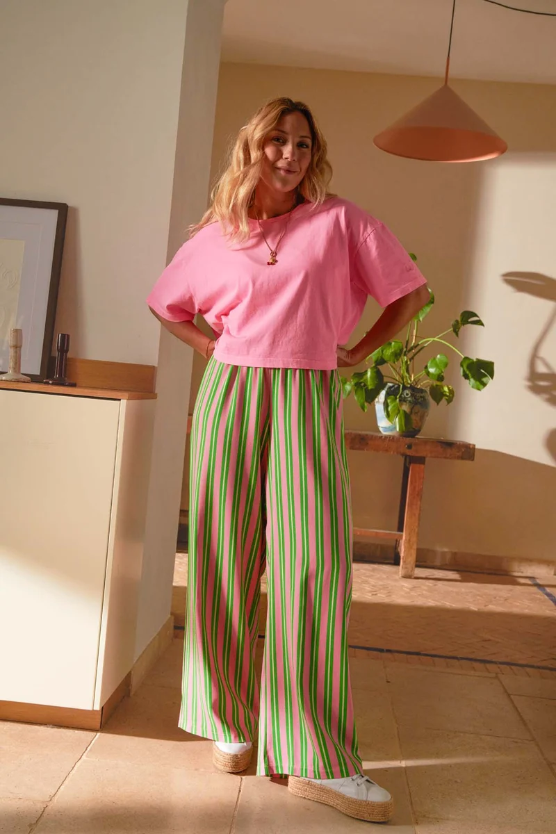 Pantalon Fluide Viscose - Rayures Vertes et Roses