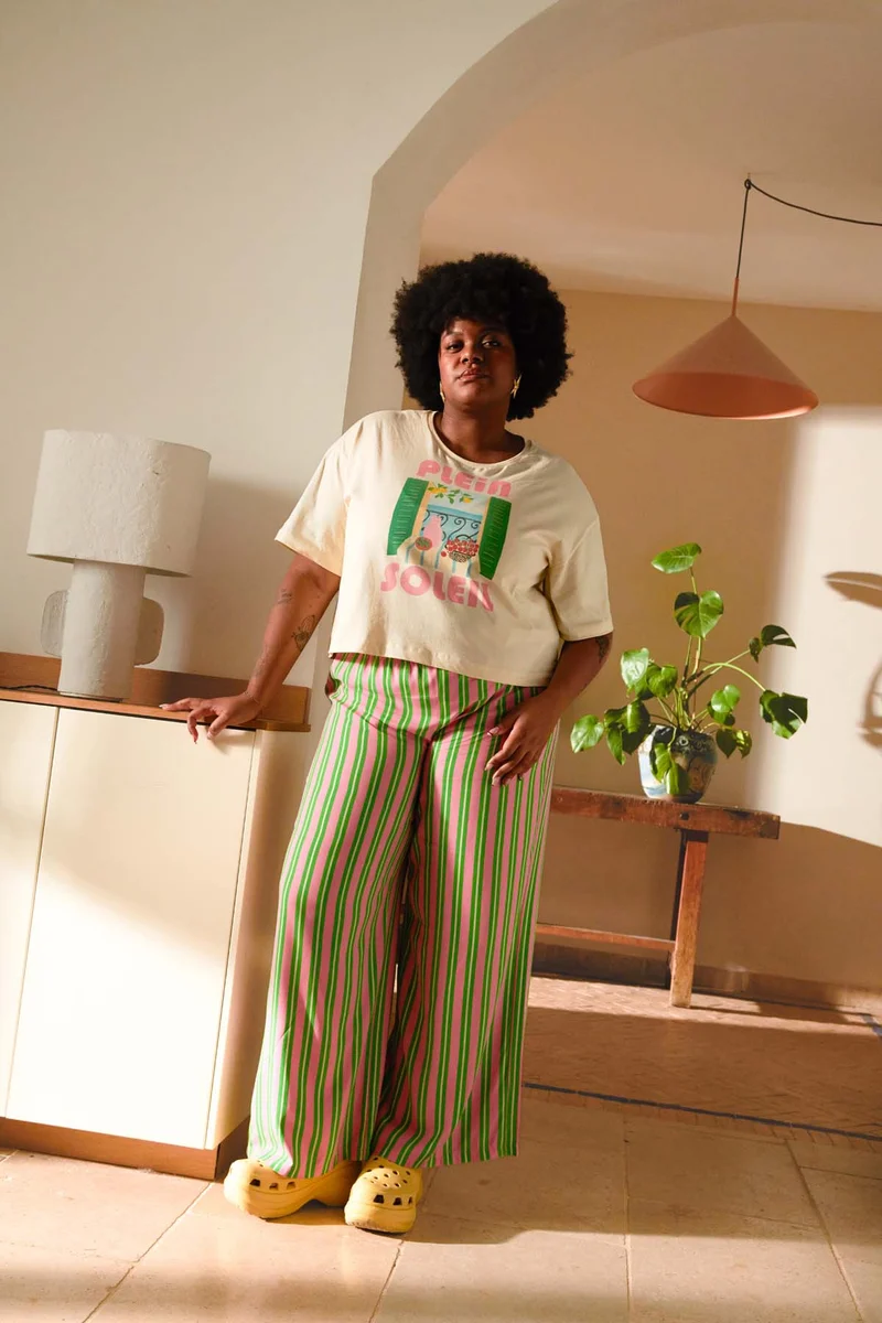Pantalon Fluide Viscose - Rayures Vertes et Roses