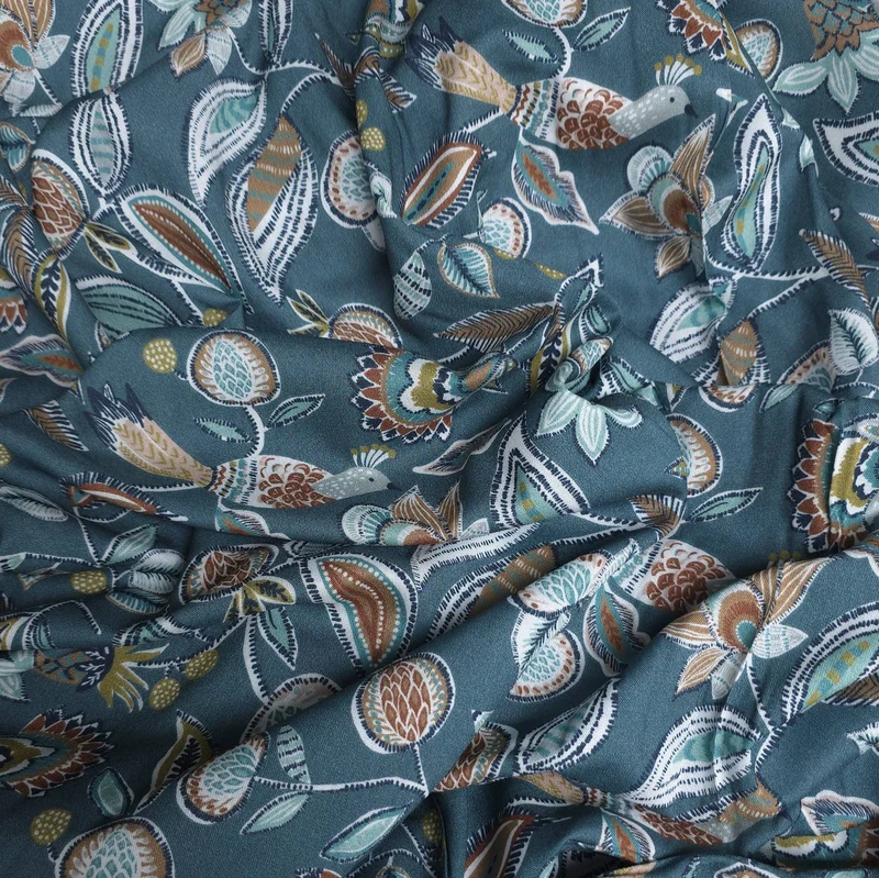 Tissu de viscose imprimé | Botanique sarcelle & oiseaux