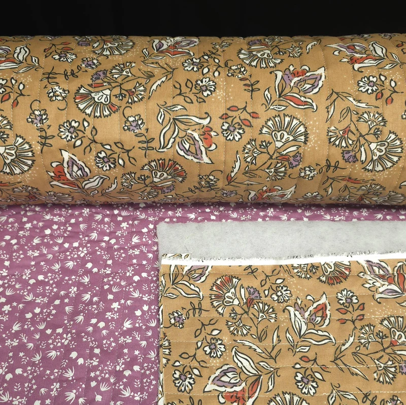 Coton matelassé réversible | Floral camel & prairie violette