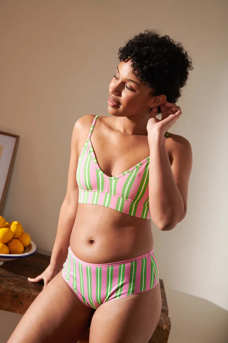 Shorty Tanga Coton BIO - Rayures Vertes et Roses