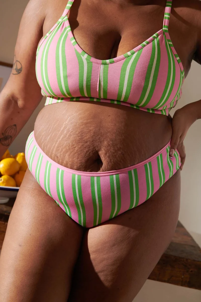 Shorty Tanga Coton BIO - Rayures Vertes et Roses