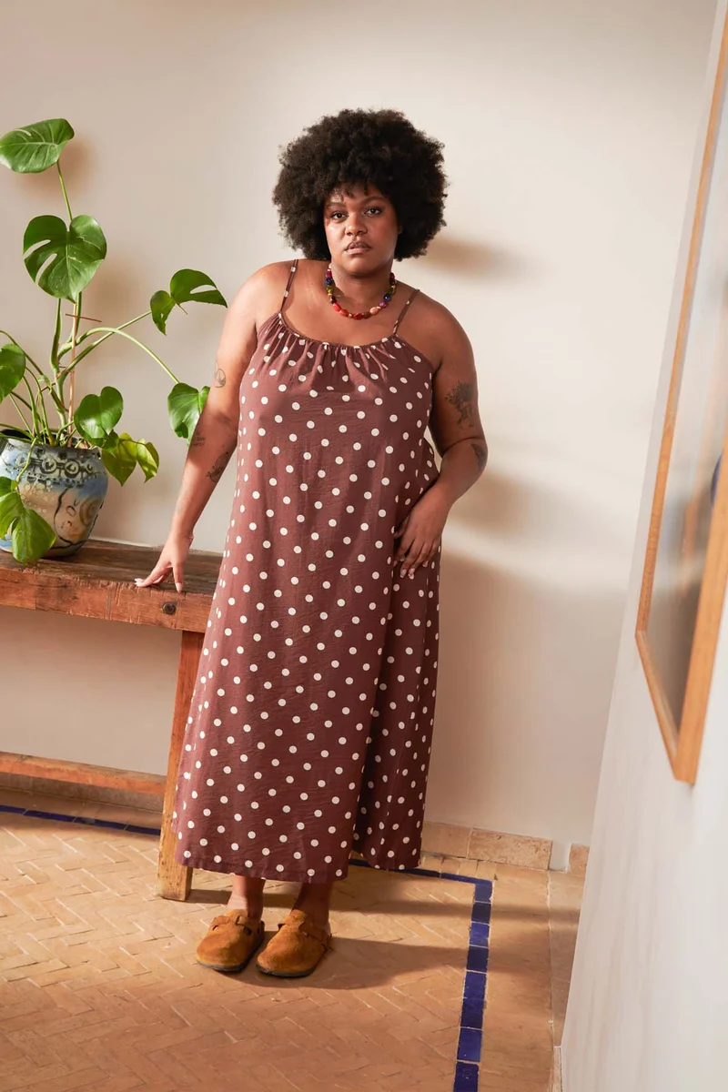 Robe Longue à Bretelles - Pois Marron