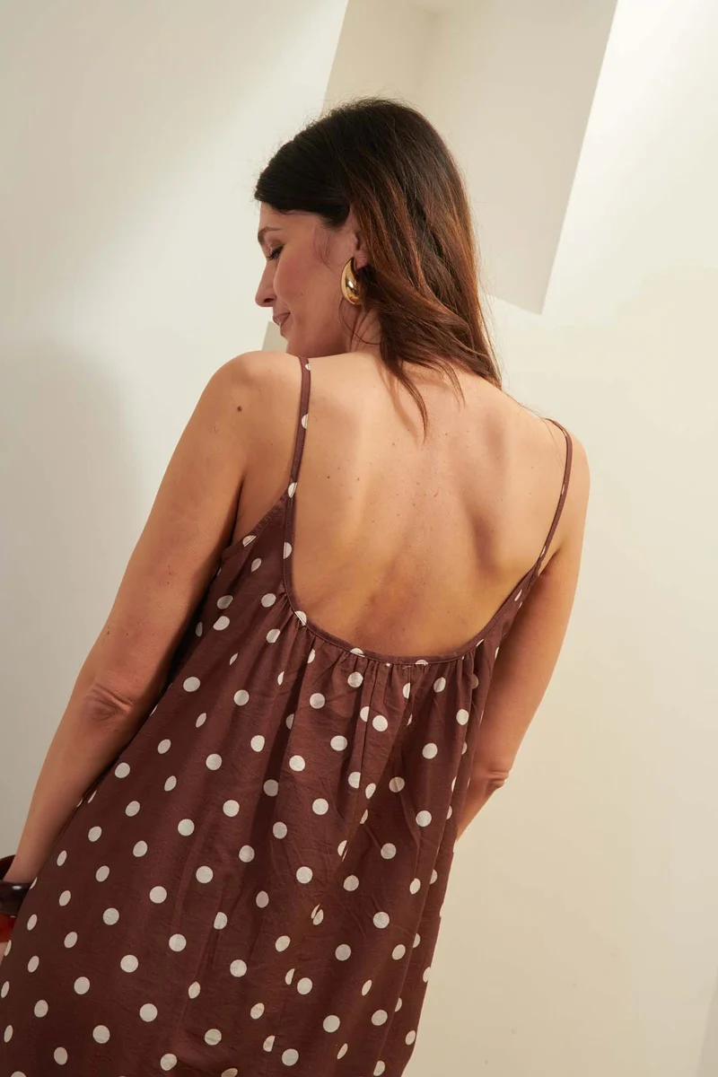 Robe Longue à Bretelles - Pois Marron