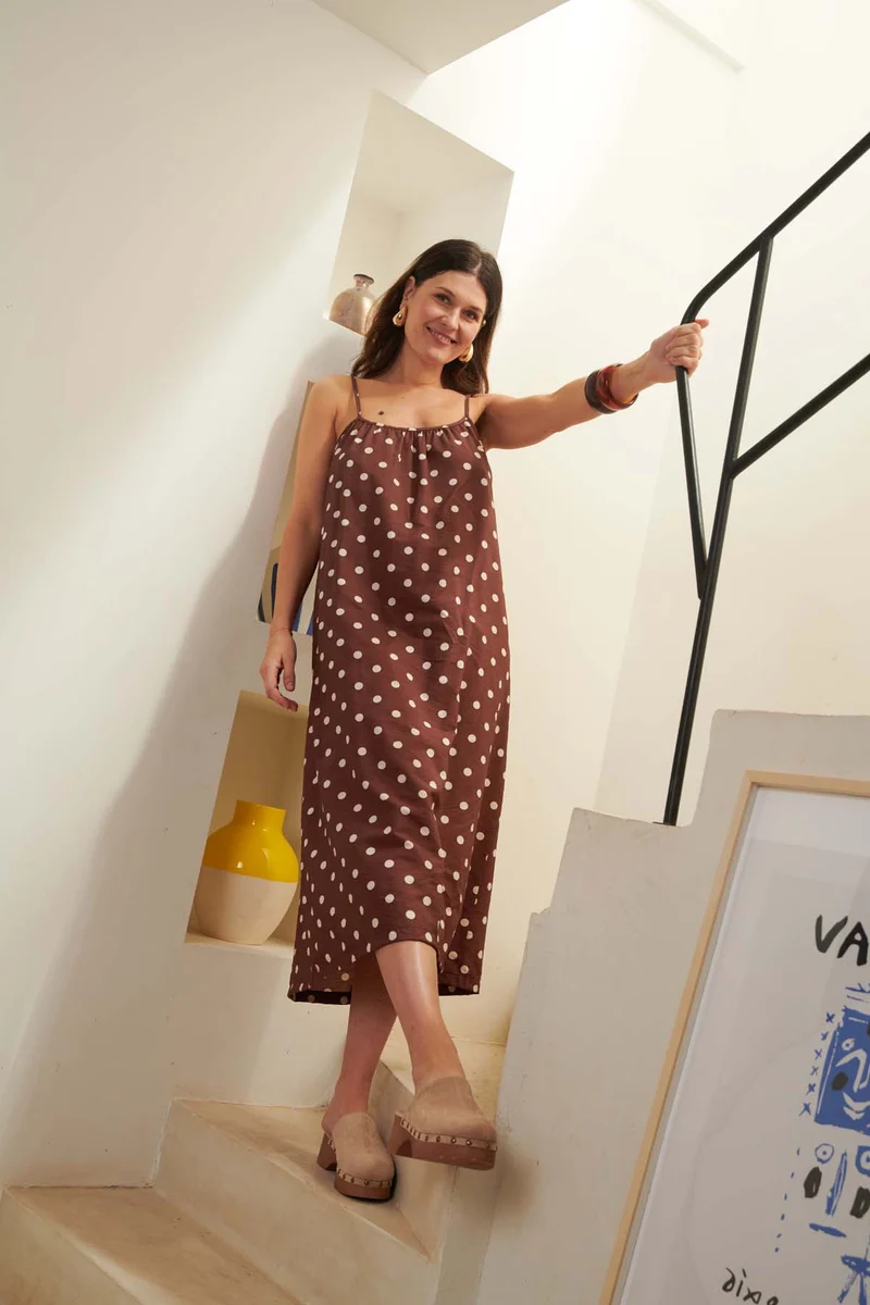Robe Longue à Bretelles - Pois Marron