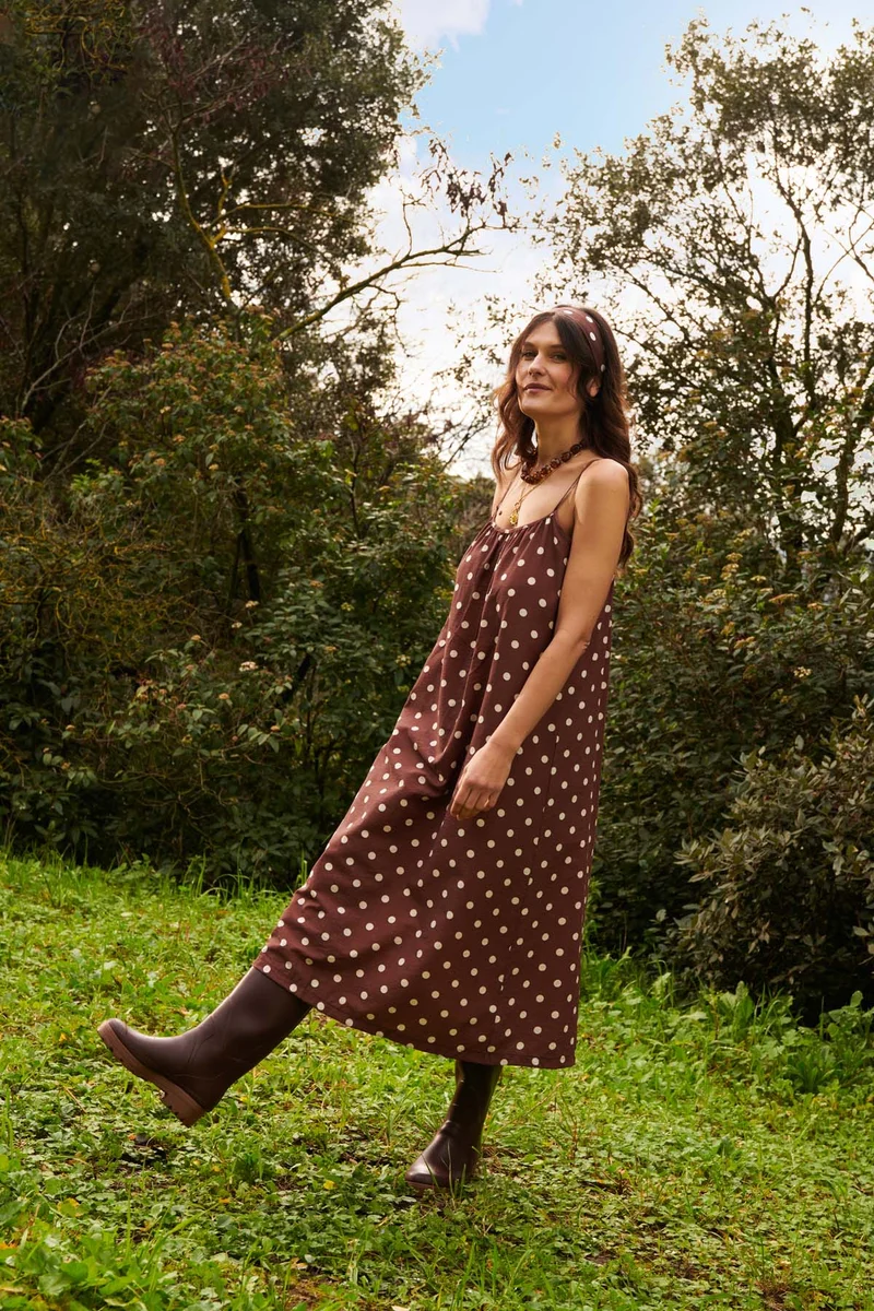 Robe Longue à Bretelles - Pois Marron