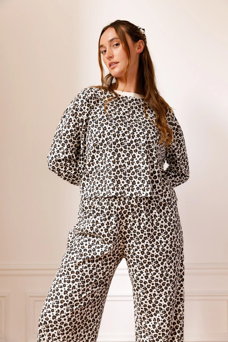 Pyjama Manches Longues Coton BIO - Léopard Beige