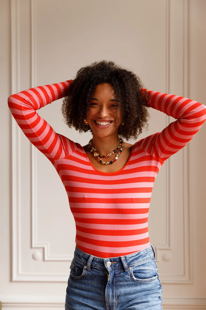 Body Coton BIO - Rayures Rose et Rouge