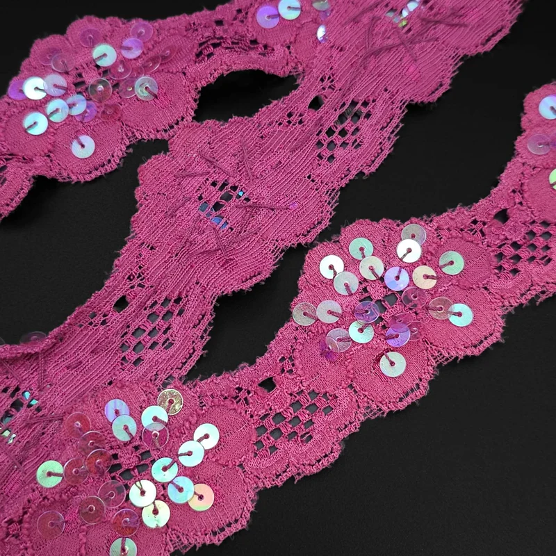 Galon de dentelle florale extensible à paillettes | Rose fuchsia | 35 mm - 1 3/8''