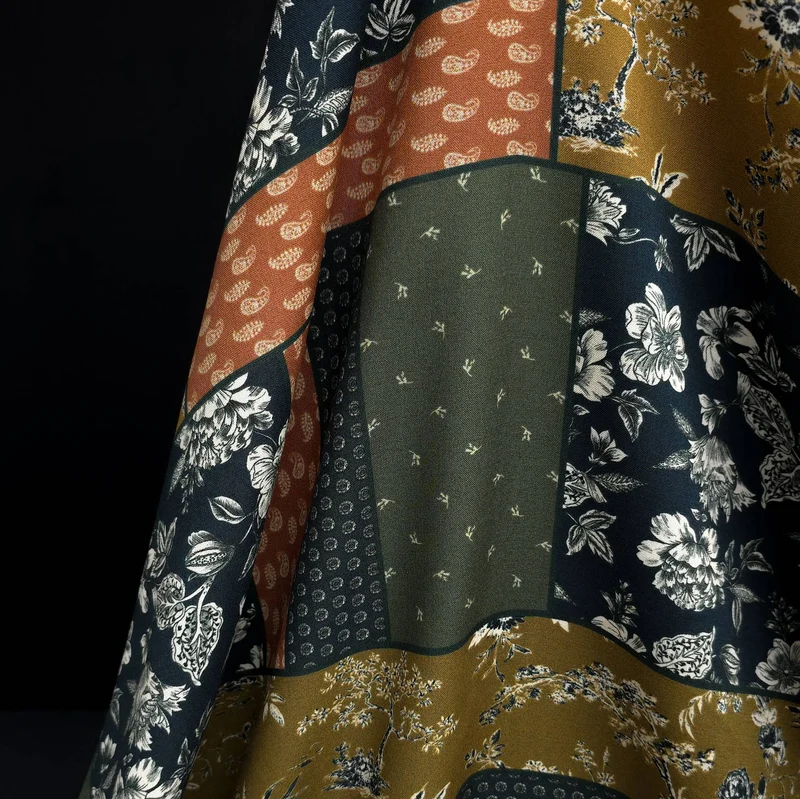 Challis de Viscose Floral style Patchwork | Moutarde, Bleu Marine & Olive