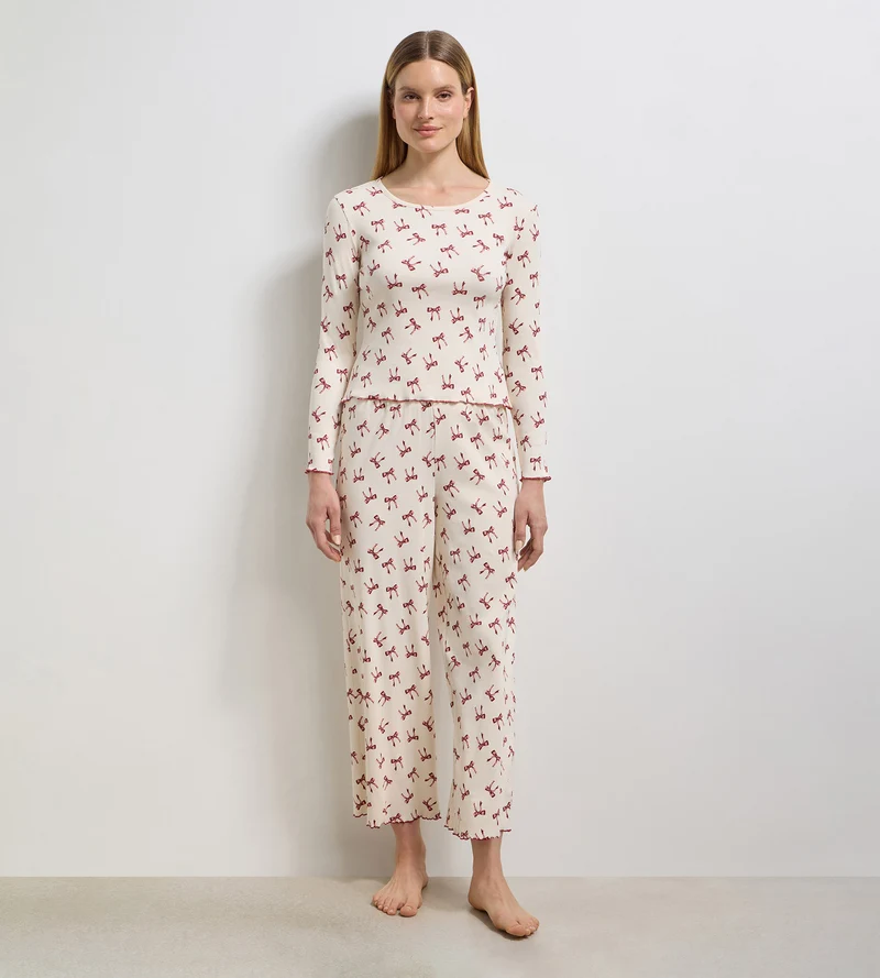 Pantalon long femme coton côtelé ivoire nacré Cozy Christmas