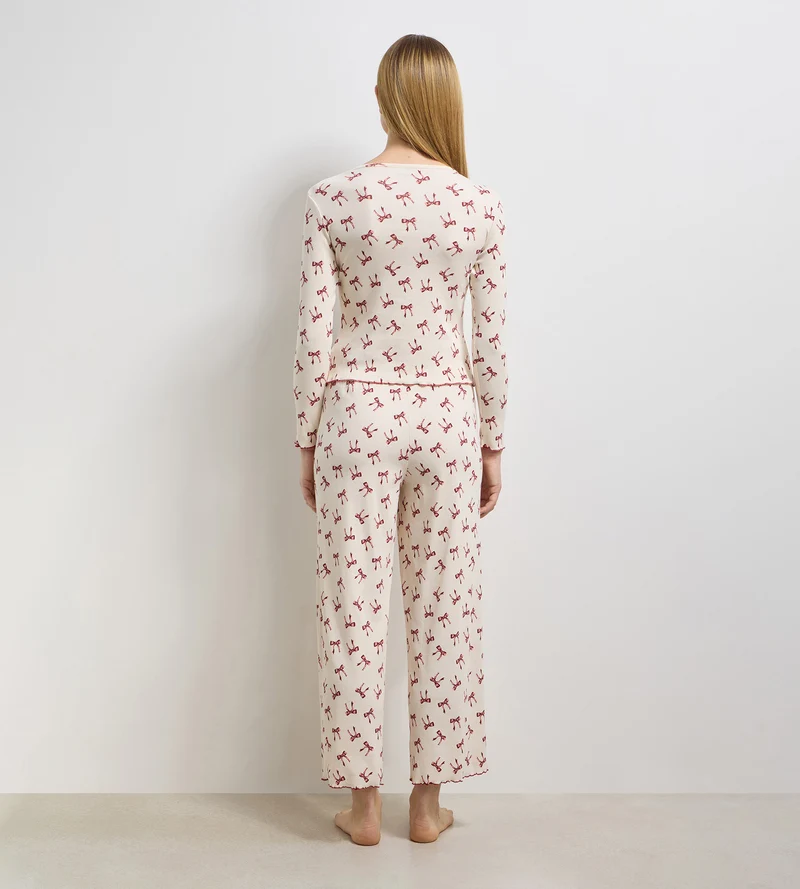 Pantalon long femme coton côtelé ivoire nacré Cozy Christmas