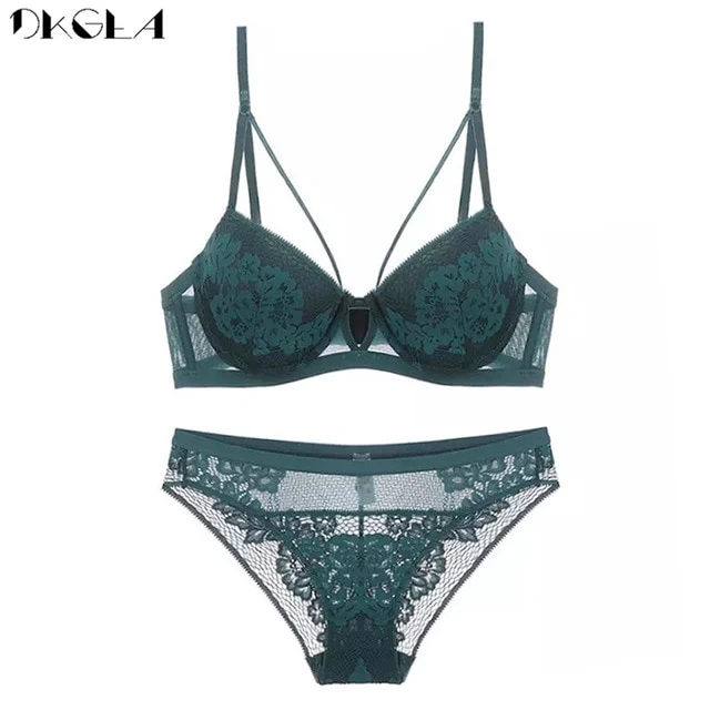 Fashion Bandage Black Push Up Bra Set Sexy Lingerie Lace Embroidery Brassiere Gather Thick Cotton Underwear Set Women Bras Green