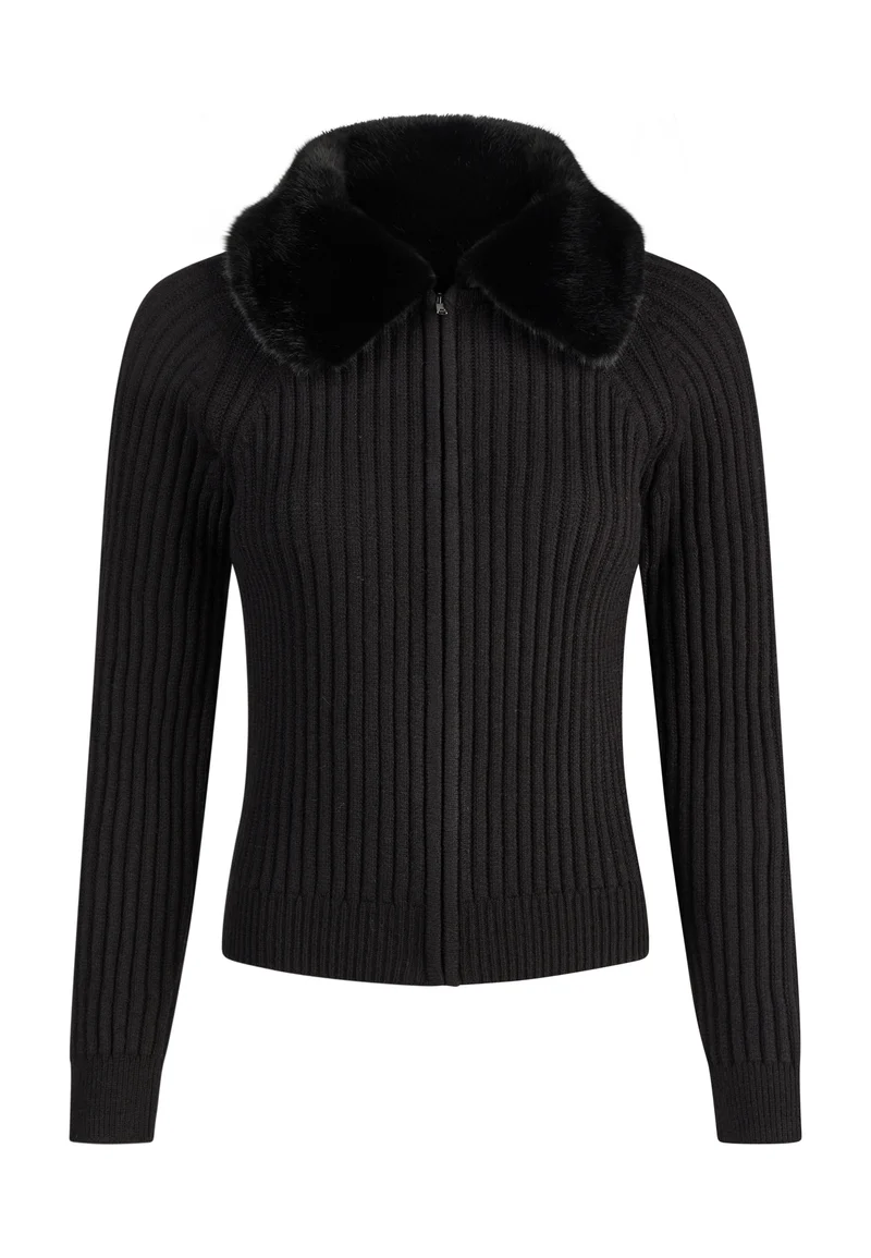 Cardigan côtelé à col duveteux
