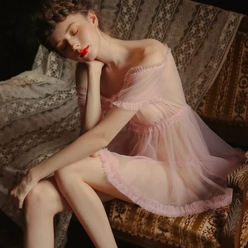 Sexy Sleepwear Summer Thin Section Tulle One-shoulder Short Skirt Temptation Home Service Nightgown Night Dress Nightgowns Women