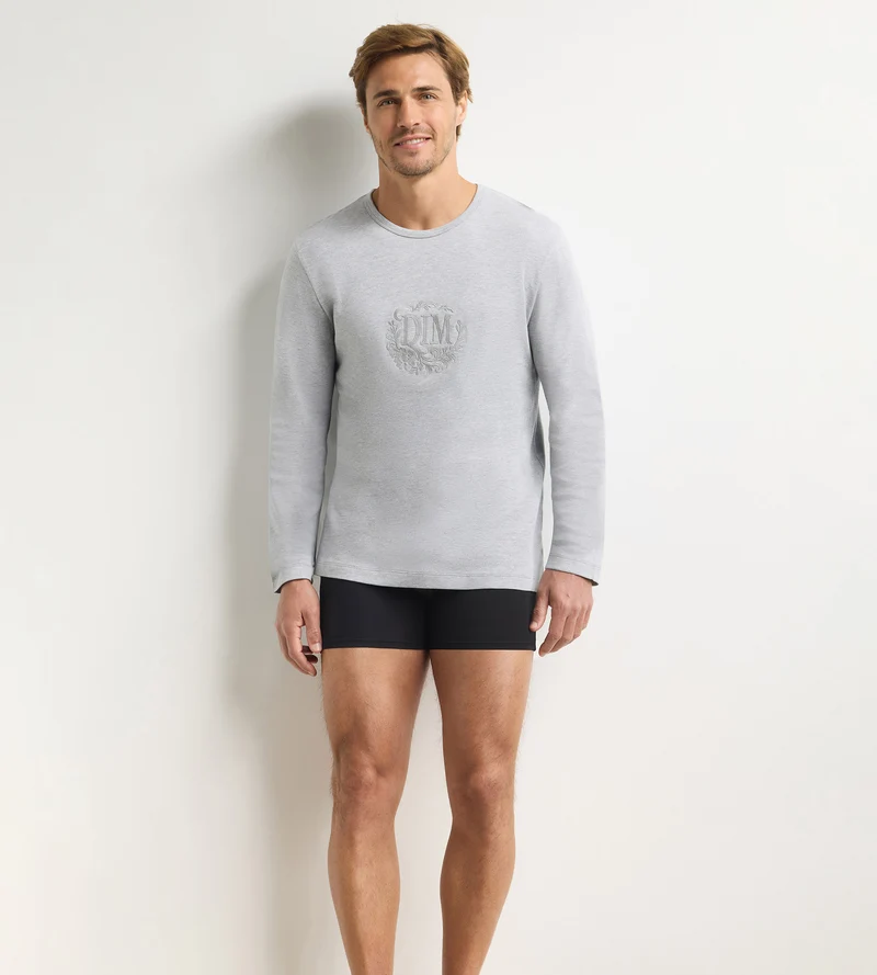 T-shirt homme manches longues col rond gris mélange Dim Interlock