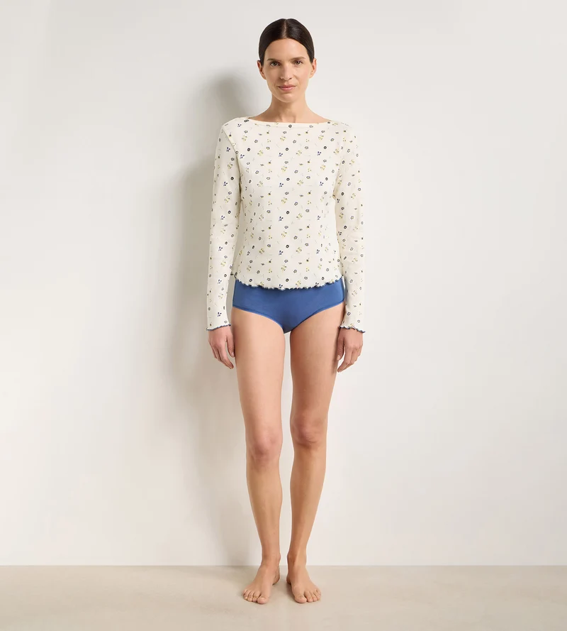 Top manches longues col bateau coton écru imprimé fleuri Slow Days Fresh Vibes