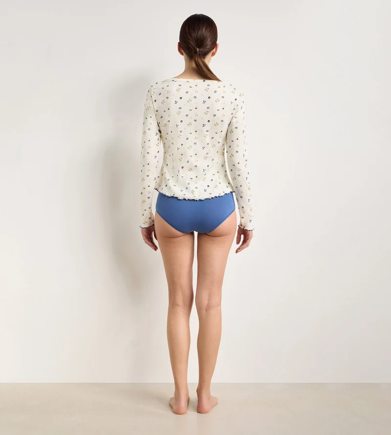 Top manches longues col bateau coton écru imprimé fleuri Slow Days Fresh Vibes