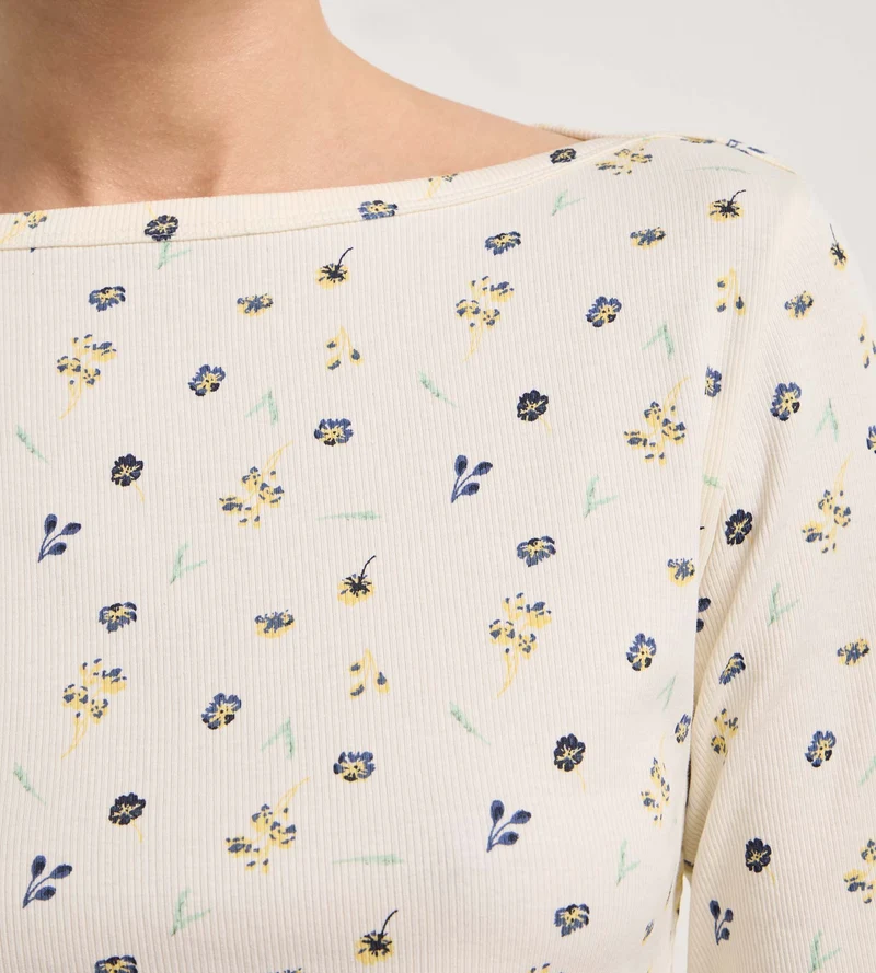 Top manches longues col bateau coton écru imprimé fleuri Slow Days Fresh Vibes