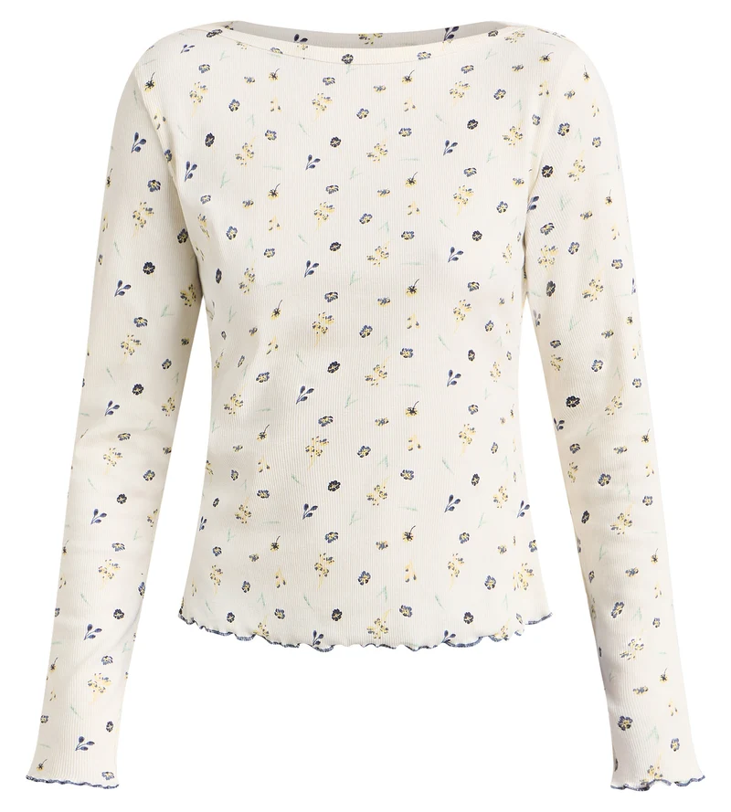 Top manches longues col bateau coton écru imprimé fleuri Slow Days Fresh Vibes