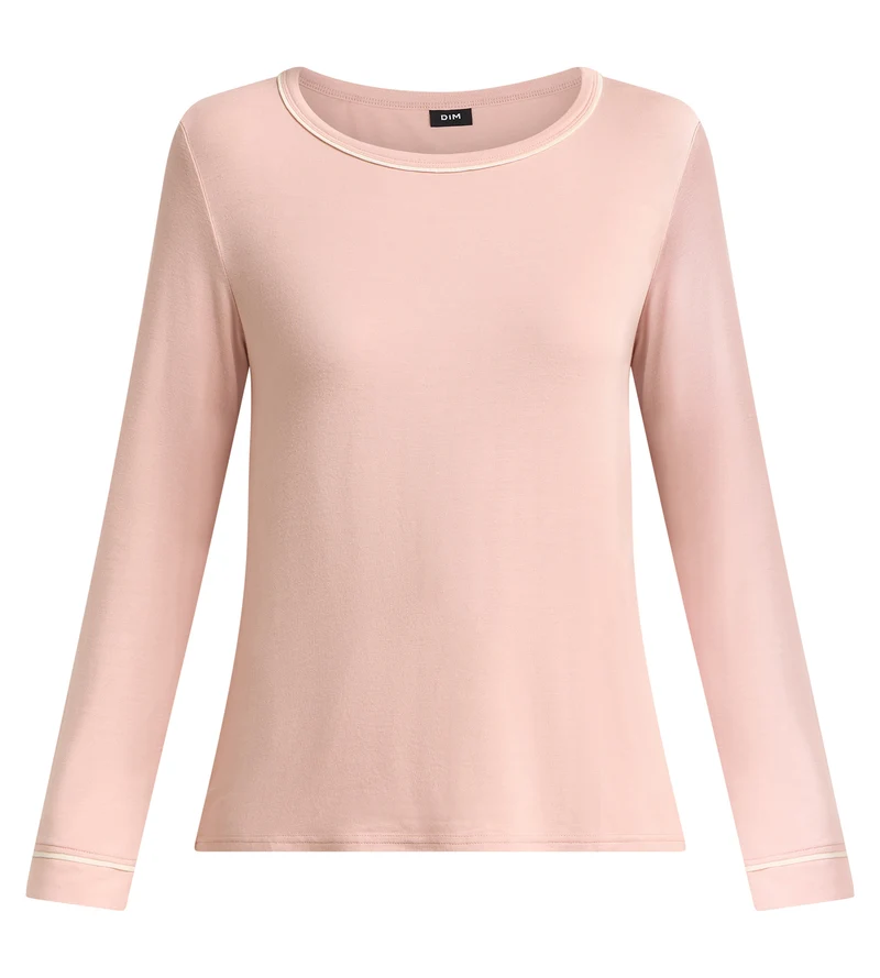 Top manches longues col rond femme élastique rose Soft Blush