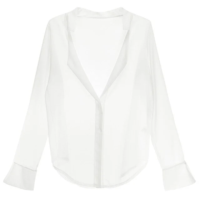 Sexy Female Chiffon Long Sleeve White Perspective Temptation Thin Pajamas with T Underwear Sexy Lingerie Pajama Sets Women