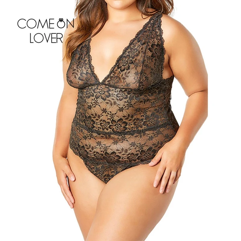 Comeonlover V-neck Bodysuit Shapewear Lace Sleeveless One-piece Body Mujer Skinny Perspective Sexy Women Floral Sling RI80905