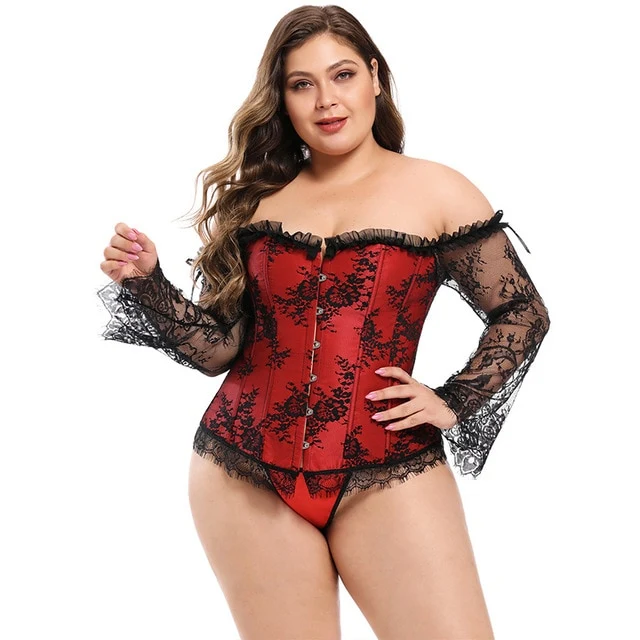 Comeonlover Lace Corset Bustier Sexy Long Sleeve Stitching Ropa Gotica Mujer Strapless Women Ruffles Plus Size Floral AI3443