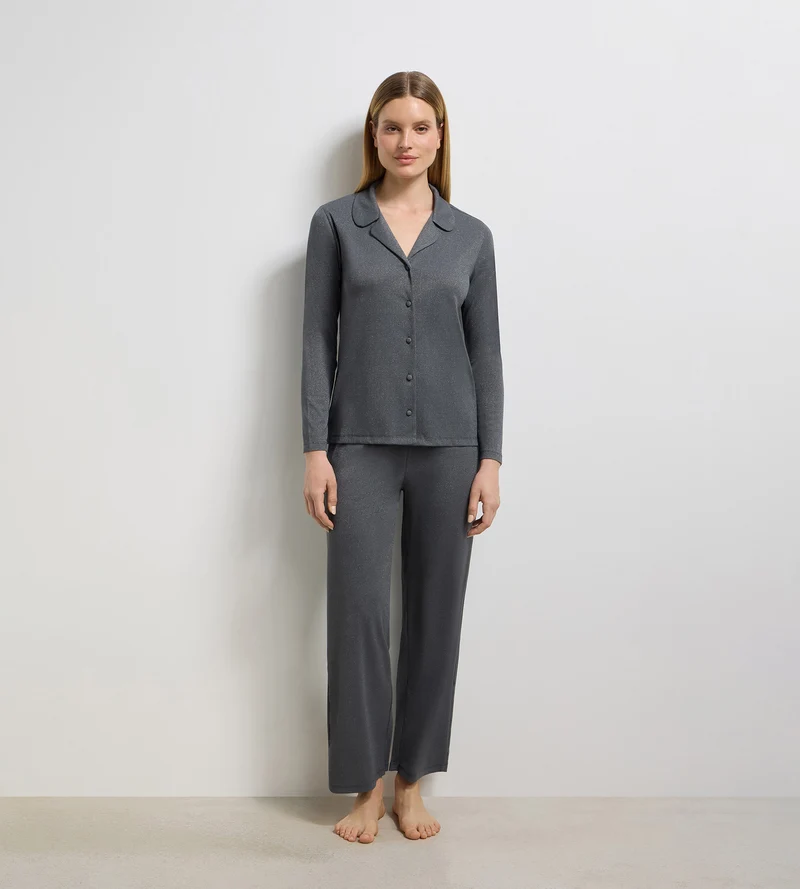 Chemise ouverte manches longues rib lurex gris granit Precious Christmas