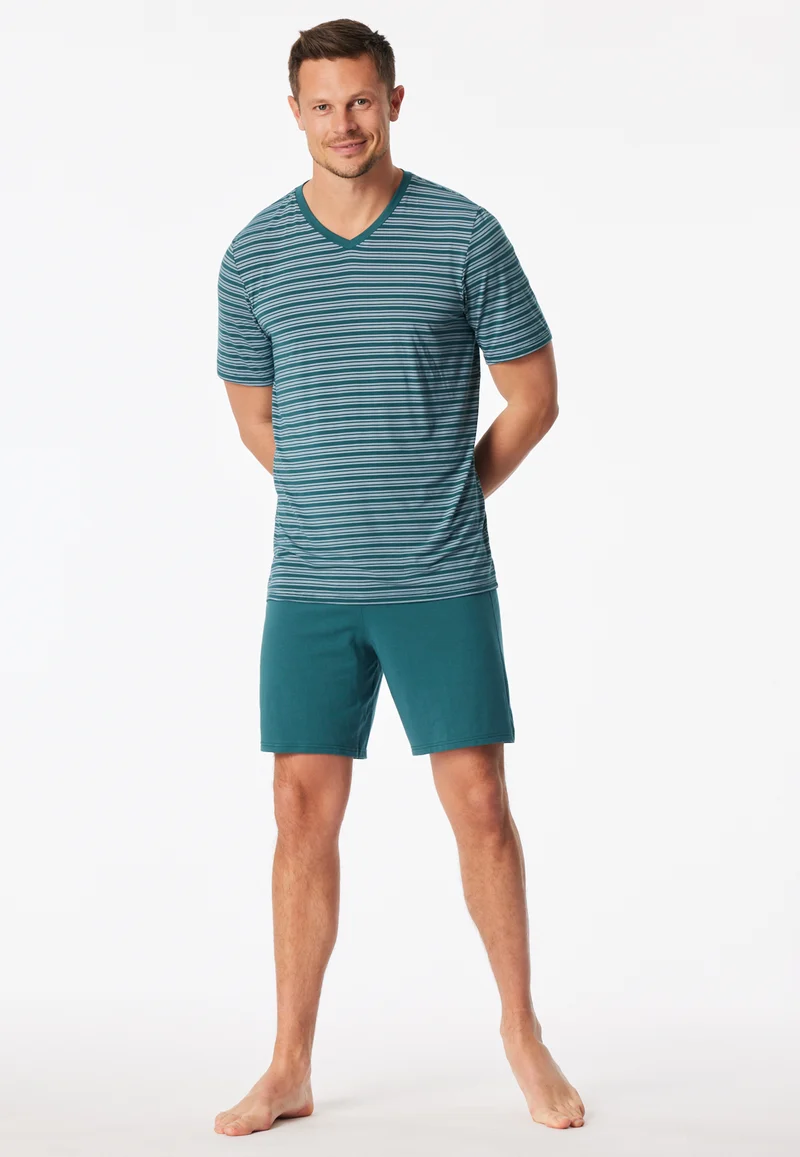 Schlafanzug kurz Petrol gestreift - Long Life Soft