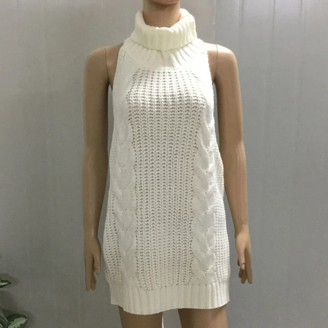 Women's Backless Turtleneck Sleeveless Sweater Dress Knitted Virgin Killer Lace Up Jersey Female 2020 Summer Sexy Club Pullover